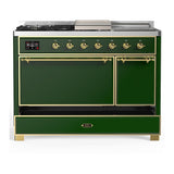 ILVE UM48FSQNR3EGGLP Majestic III 48 inch Dual Fuel Range with 5 Black Brass Burners, Griddle and French Top, Dual Function Burner up to 25,000 BTU (Liquid Propane, Solid Door, Emerald Green, Brass)