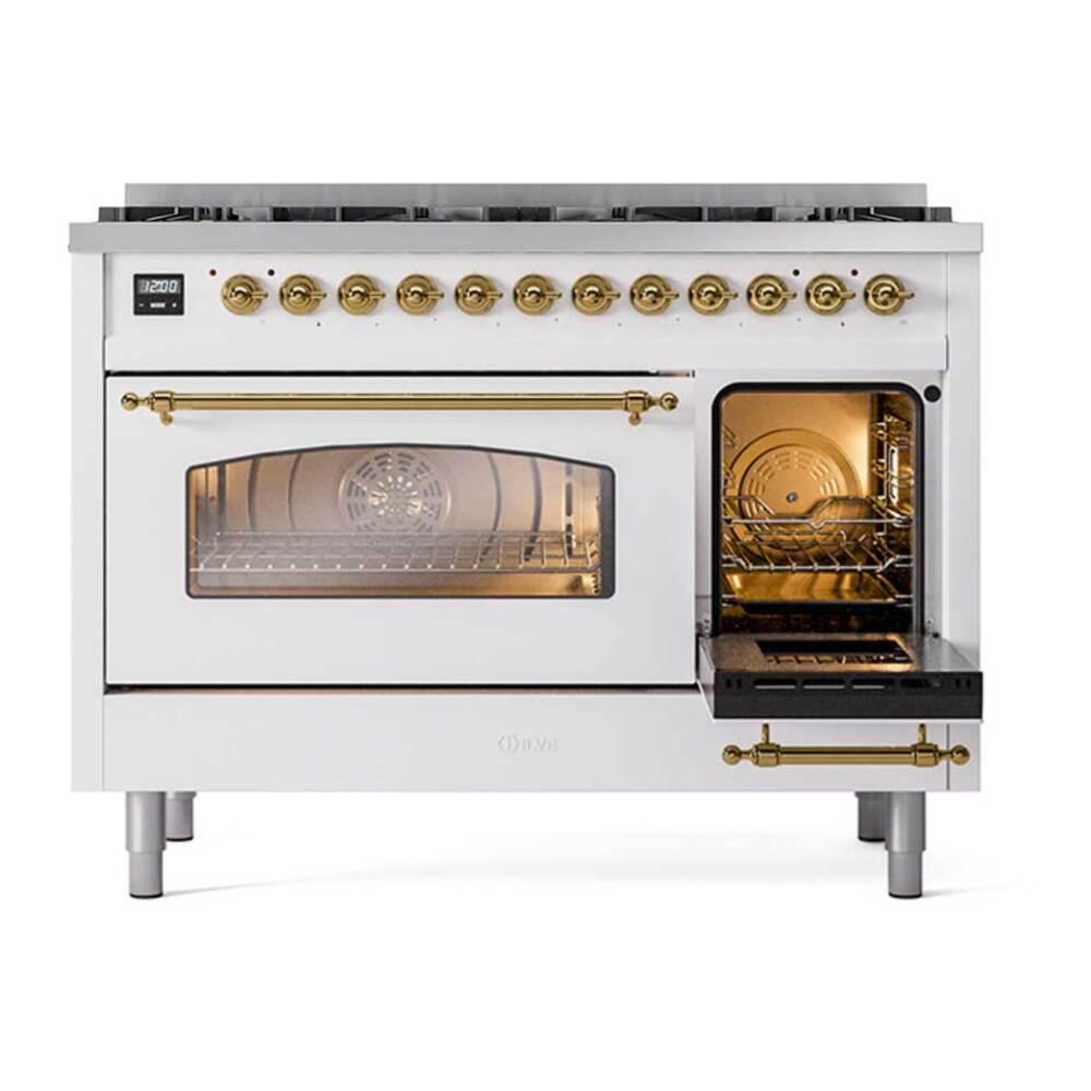 ILVE UP488NMPWHG Nostalgie II 48 inch Dual Fuel Range with 8 Total Black Brass Sealed Burners, Brass Trim (Limited Edition) (Natural Gas, White)
