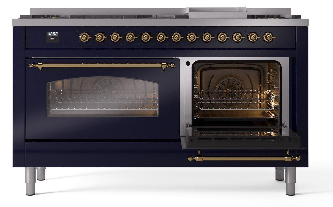 Nostalgie II 60 Inch Dual Fuel Natural Gas Freestanding Range in Blue with Brass Trim