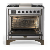 ILVE UM36FNR3SSB Majestic III 36 inch Dual Fuel Range with 6 Black Brass Burners and Griddle, Dual Function Burner up to 25,000 BTU (Triple Glass Door, Stainless Steel, Burnished, Natural Gas)