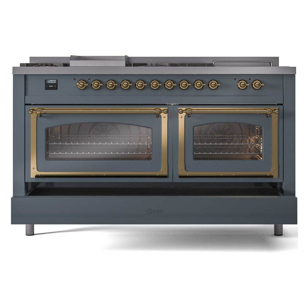 ILVE UN60FSNMPBGG Nostalgie II Noblesse 60 inch Dual Fuel Range (7 Sealed Burners + Griddle + French Top, Natural Gas, Triple Glass Door, Blue Grey, Brass)