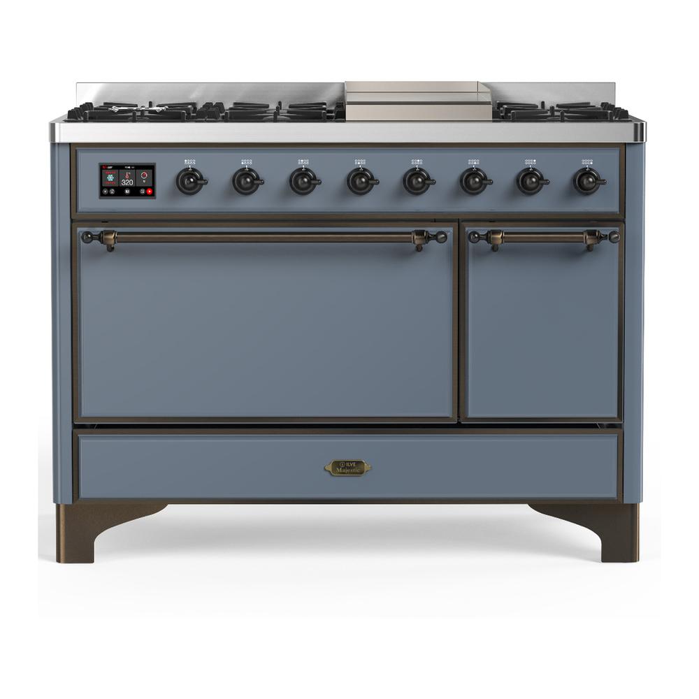 ILVE UM48FQNR3BGB Majestic III 48 inch Dual Fuel Range with 8 Burners and Griddle, Dual Function Burner up to 25,000 BTU (Natural Gas, Solid Door, Blue Grey, Burnished)