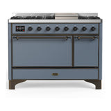 ILVE UM48FQNR3BGB Majestic III 48 inch Dual Fuel Range with 8 Burners and Griddle, Dual Function Burner up to 25,000 BTU (Natural Gas, Solid Door, Blue Grey, Burnished)