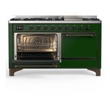 ILVE UM60FQNR3EGBLP Majestic III 60 inch Dual Fuel Range with 9 Burners and Griddle, Dual Function Burner up to 25,000 BTU (Liquid Propane, Solid Door, Emerald Green, Burnished)