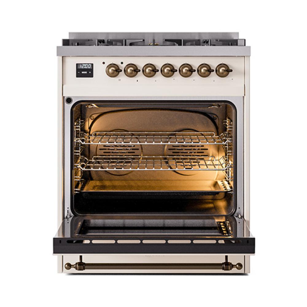 ILVE UN30QNMPAWBLP Nostalgie II Noblesse 30 inch Dual Fuel Range (Liquid Propane, Solid Door, Antique White, Burnished)