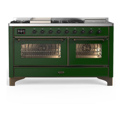 ILVE UM60FSNR3EGB Majestic III 60 inch Dual Fuel Range with 7 Burners, Griddle and French Top, Dual Function Burner with up to 25,000 BTU (Natural Gas, Triple Glass Door, Emerald Green, Burnished)