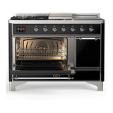 ILVE UM48FSQNR3BKC Majestic III 48 inch Dual Fuel Range with 5 Black Brass Burners, Griddle and French Top, Dual Function Burner up to 25,000 BTU (Natural Gas, Solid Door, Glossy Black, Chrome)