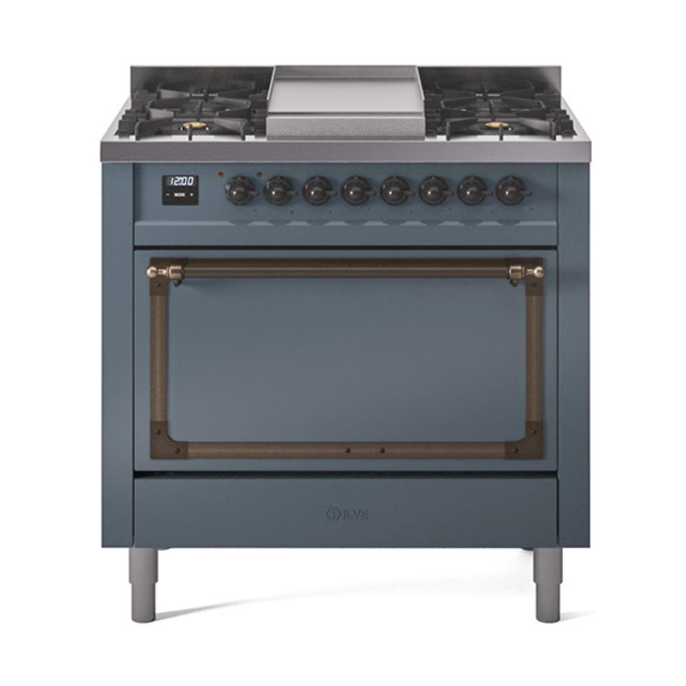 ILVE UN36FQNMPBGBLP Nostalgie II Noblesse 36 inch Dual Fuel Range (Liquid Propane, Solid Door, Blue Grey, Burnished)