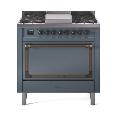 ILVE UN36FQNMPBGBLP Nostalgie II Noblesse 36 inch Dual Fuel Range (Liquid Propane, Solid Door, Blue Grey, Burnished)