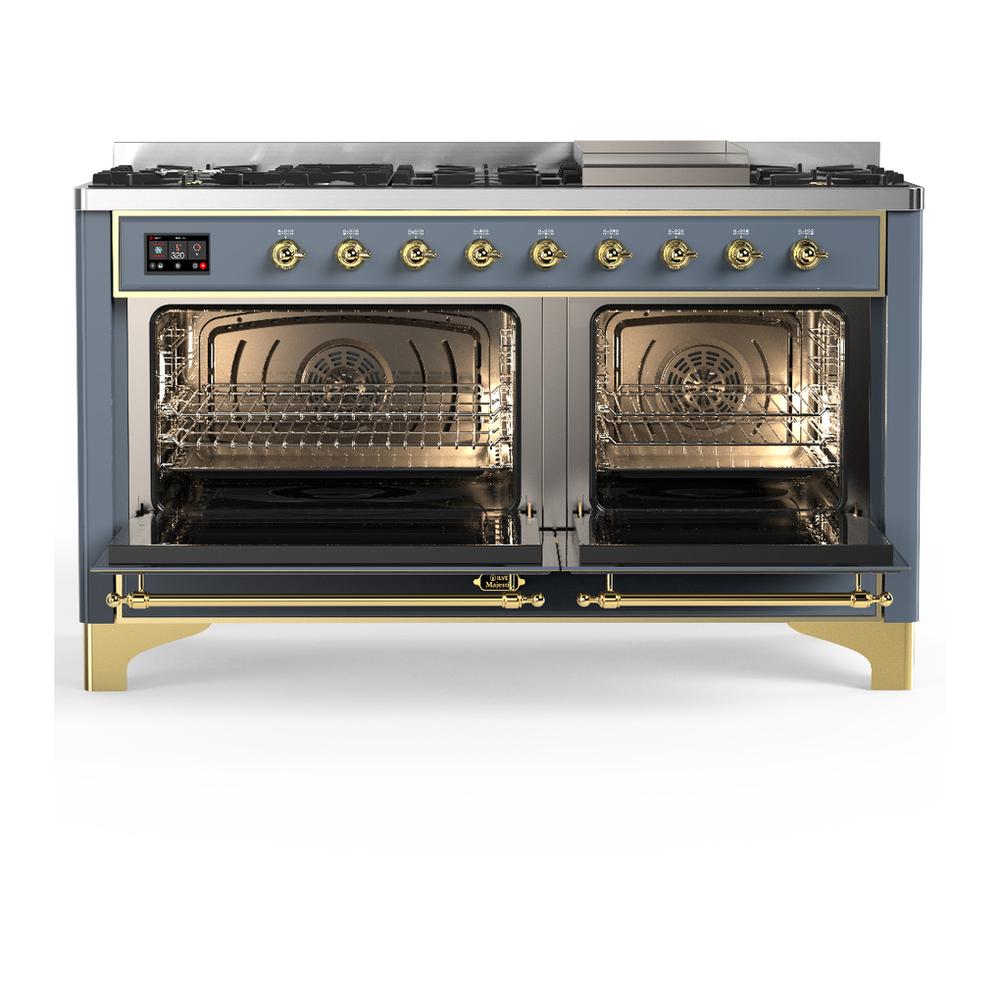 ILVE UM60FNR3BGG Majestic III 60 inch Dual Fuel Range with 9 Burners and Griddle, Dual Function Burner up to 25,000 BTU (Natural Gas, Triple Glass Door, Blue Grey, Brass)