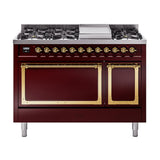 ILVE UN48FQNMPBUG Nostalgie II Noblesse 48 inch Dual Fuel Range (8 Sealed Burners + Griddle, Natural Gas, Solid Door, Burgundy, Brass)