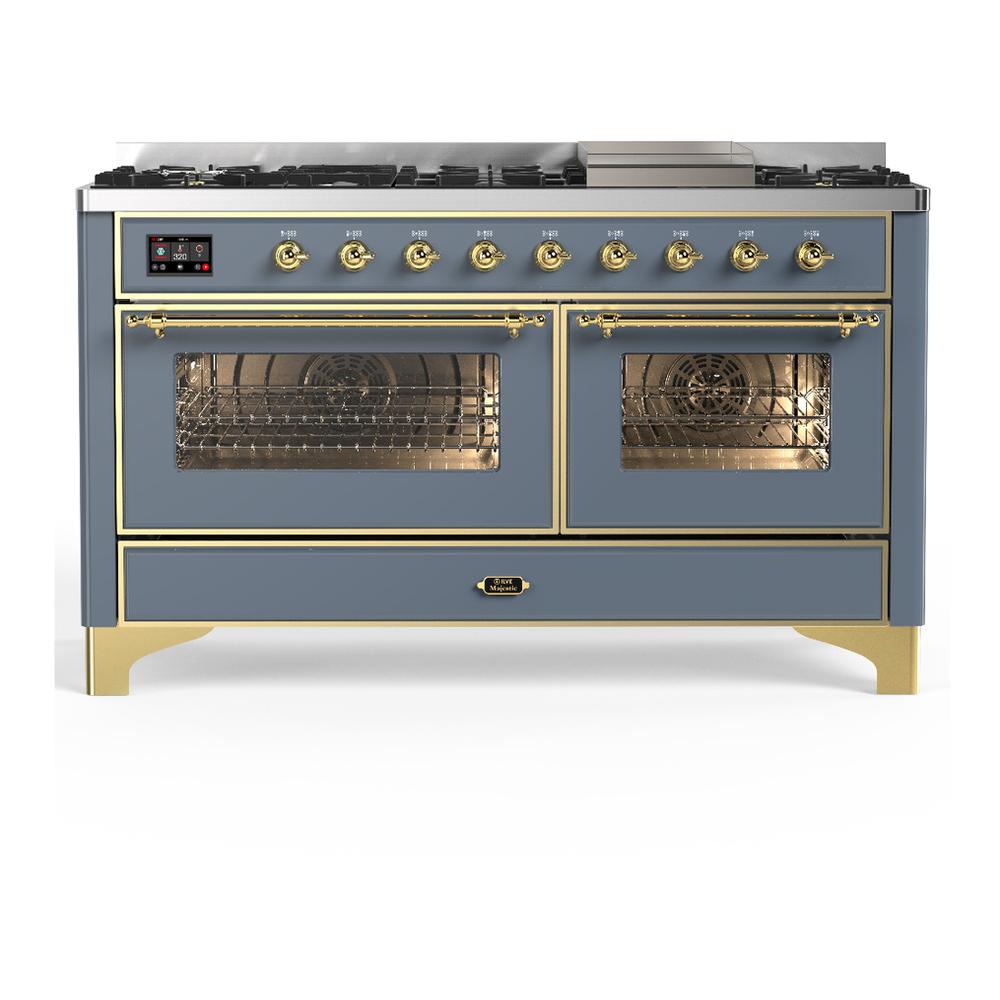 ILVE UM60FNR3BGGLP Majestic III 60 inch Dual Fuel Range with 9 Burners and Griddle, Dual Function Burner up to 25,000 BTU (Liquid Propane, Triple Glass Door, Blue Grey, Brass)