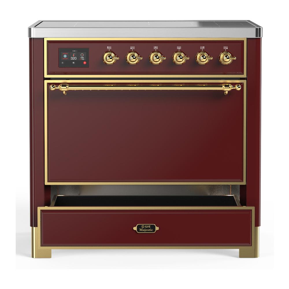ILVE UMIB36QNR3BUG Majestic III 36 inch Induction Range with 6 Elements, 3.5 cu. ft. Total Oven Capacity (Solid Door, Burgundy, Brass)