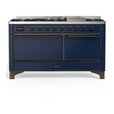 ILVE UM60FQNR3MBBLP Majestic III 60 inch Dual Fuel Range with 9 Burners and Griddle, Dual Function Burner up to 25,000 BTU (Liquid Propane, Solid Door, Midnight Blue, Burnished)