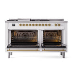 ILVE UN60FSNMPRAGLP Nostalgie II Noblesse 60 inch Dual Fuel Range (7 Sealed Burners + Griddle + French Top, Liquid Propane, Triple Glass Door, RAL, Brass)