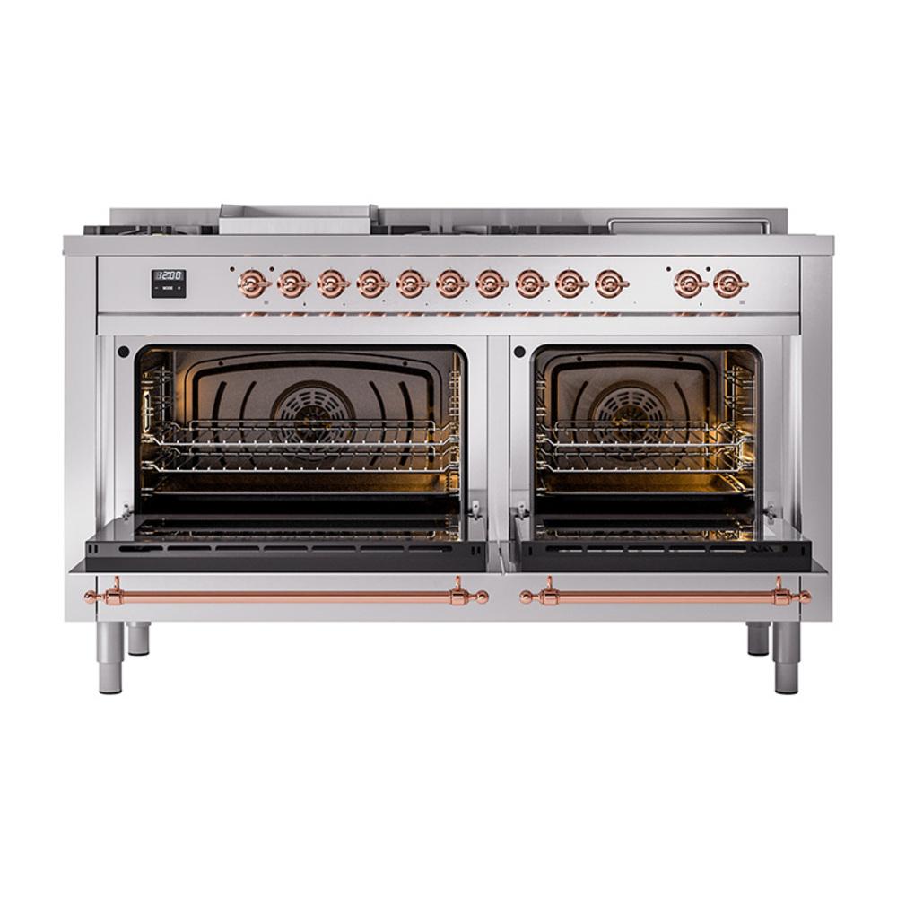 ILVE UN60FSQNMPSSPLP Nostalgie II Noblesse 60 inch Dual Fuel Range (7 Sealed Burners + Griddle + French Top, Liquid Propane, Solid Door, Stainless Steel, Copper)