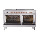 ILVE UN60FSQNMPSSPLP Nostalgie II Noblesse 60 inch Dual Fuel Range (7 Sealed Burners + Griddle + French Top, Liquid Propane, Solid Door, Stainless Steel, Copper)