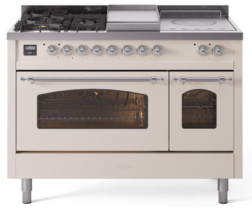 Nostalgie II 48 Inch Dual Fuel Liquid Propane Freestanding Range in Antique White with Chrome Trim