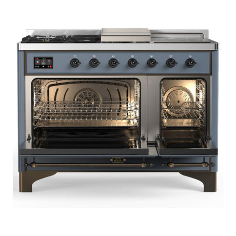 ILVE UM48FSNR3BGB Majestic III 48 inch Dual Fuel Range with 5 Black Brass Burners, Griddle and French Top, Dual Function Burner up to 25,000 BTU (Natural Gas, Triple Glass Door, Blue Grey, Burnished)