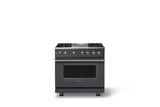 36"W. Dual Fuel Range (Burner: 4g, Finish: Cast Black, Trim: Brushed Brass, Fuel: Natural Gas)