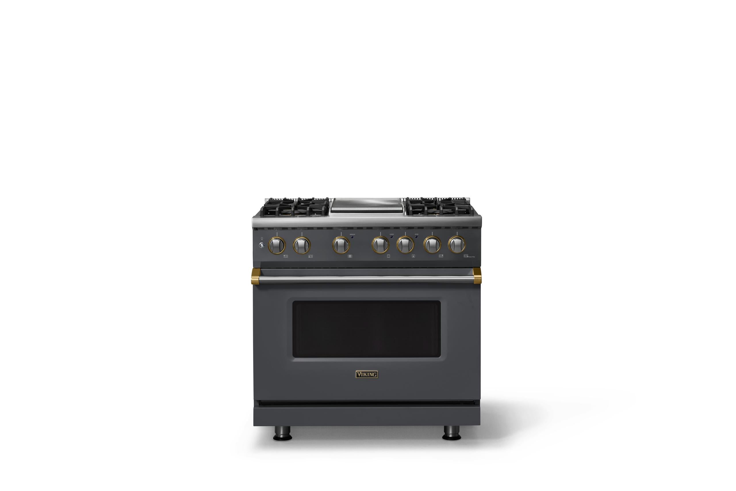 36"W. Dual Fuel Range (Burner: 4g, Finish: Cast Black, Trim: Brushed Brass, Fuel: Natural Gas)