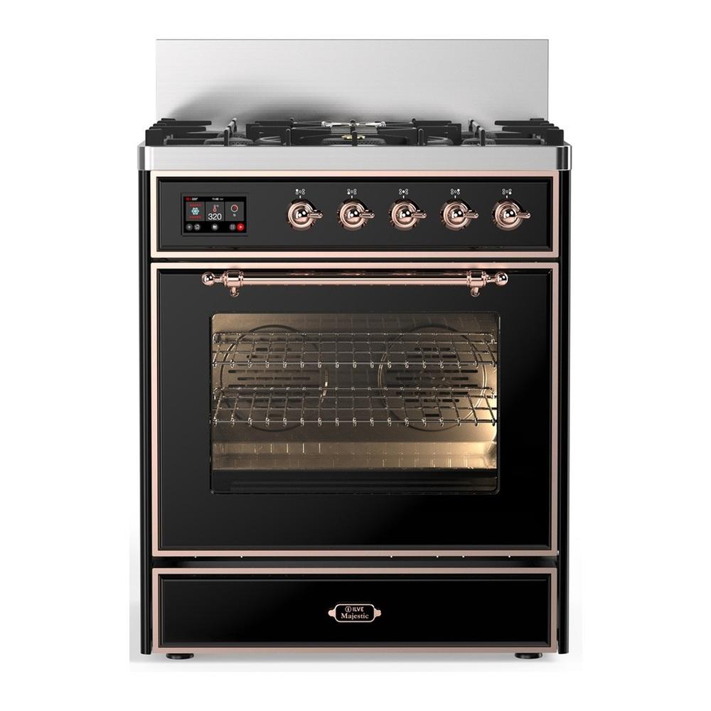 ILVE UM30NR3BKP Majestic III 30 inch Dual Fuel Range with 5 Black Brass Burners, Dual Function Burner up to 25,000 BTU (Natural Gas, Triple Glass Door, Glossy Black, Copper)