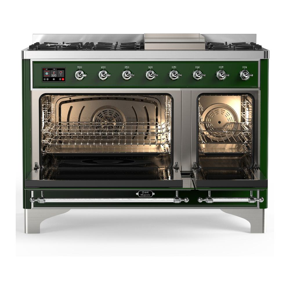 ILVE UM48FQNR3EGC Majestic III 48 inch Dual Fuel Range with 8 Burners and Griddle, Dual Function Burner up to 25,000 BTU (Natural Gas, Solid Door, Emerald Green, Chrome)