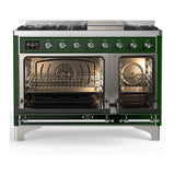 ILVE UM48FQNR3EGC Majestic III 48 inch Dual Fuel Range with 8 Burners and Griddle, Dual Function Burner up to 25,000 BTU (Natural Gas, Solid Door, Emerald Green, Chrome)