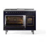 ILVE UN48FSNMPMBBLP Nostalgie II Noblesse 48 inch Dual Fuel Range (5 Sealed Burners + Griddle + French Top, Liquid Propane, Triple Glass Door, Midnight Blue, Burnished)