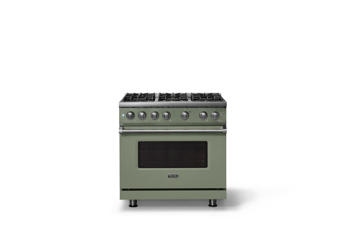 36"W. Sealed Burner Gas Range (Burner: 6b, Finish: Eucalyptus, Trim: Polished Chrome, Fuel: Natural Gas)