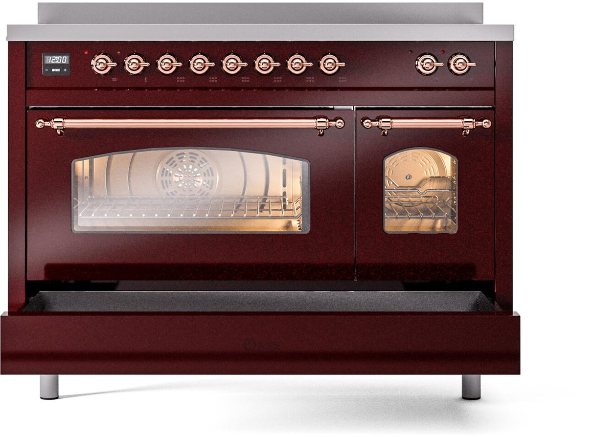 Nostalgie II 48 Inch Electric Freestanding Range in Burgundy with Copper Trim