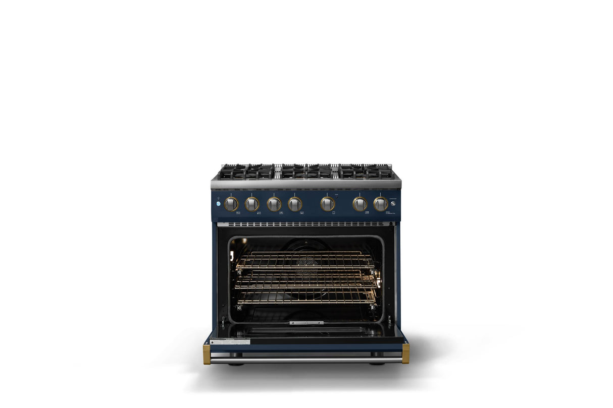 36"W. Sealed Burner Gas Range (Burner: 6b, Finish: Slate Blue, Trim: Polished Chrome, Fuel: Propane)