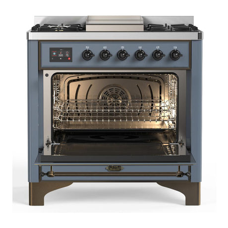 ILVE UM36FQNR3BGB Majestic III 36 inch Dual Fuel Range with 6 Black Brass Burners and Griddle, Dual Function Burner up to 25,000 BTU (Solid Door, Blue Grey, Burnished, Natural Gas)