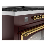 ILVE UN60FNMPBUGLP Nostalgie II Noblesse 60 inch Dual Fuel Range (9 Sealed Burners + Griddle, Liquid Propane, Triple Glass Door, Burgundy, Brass)