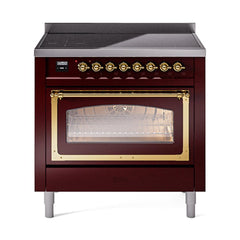 ILVE UNI366NMPBUG Nostalgie II Noblesse 36 inch Induction Range (Triple Glass Door, Burgundy, Brass)