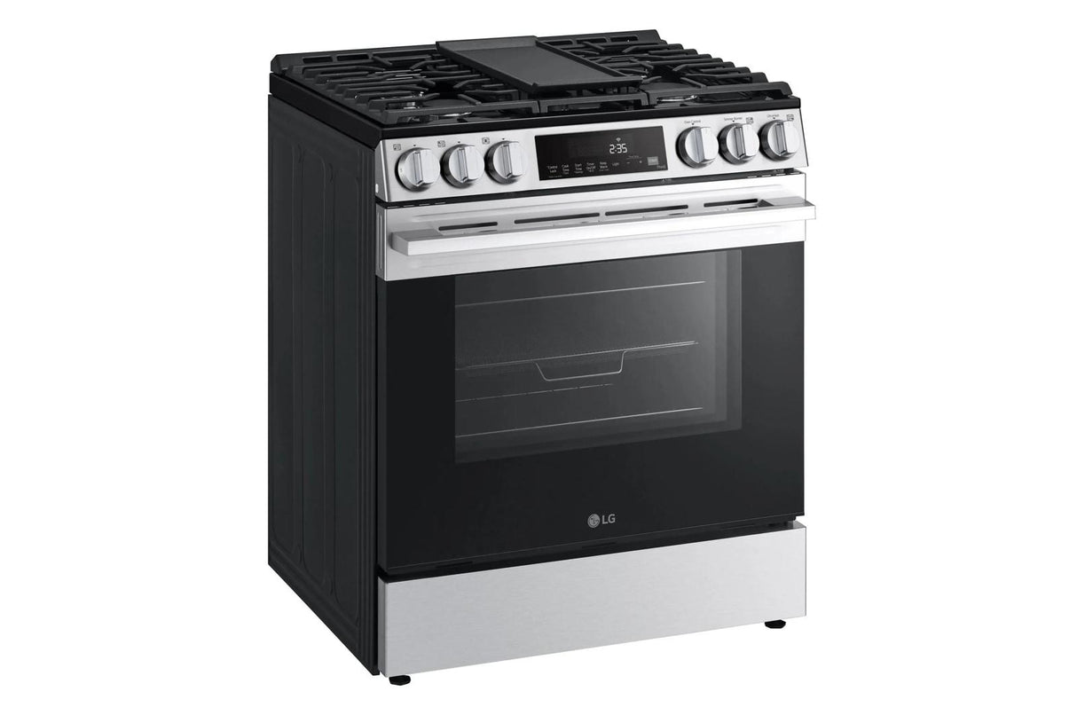 5.8 cu.ft. Smart Gas Single Oven Slide-in Range, Air Fry, Fan Convection, EasyClean®, Self Clean, ThinQ®, Printproof® Stainless Steel - New Handle
