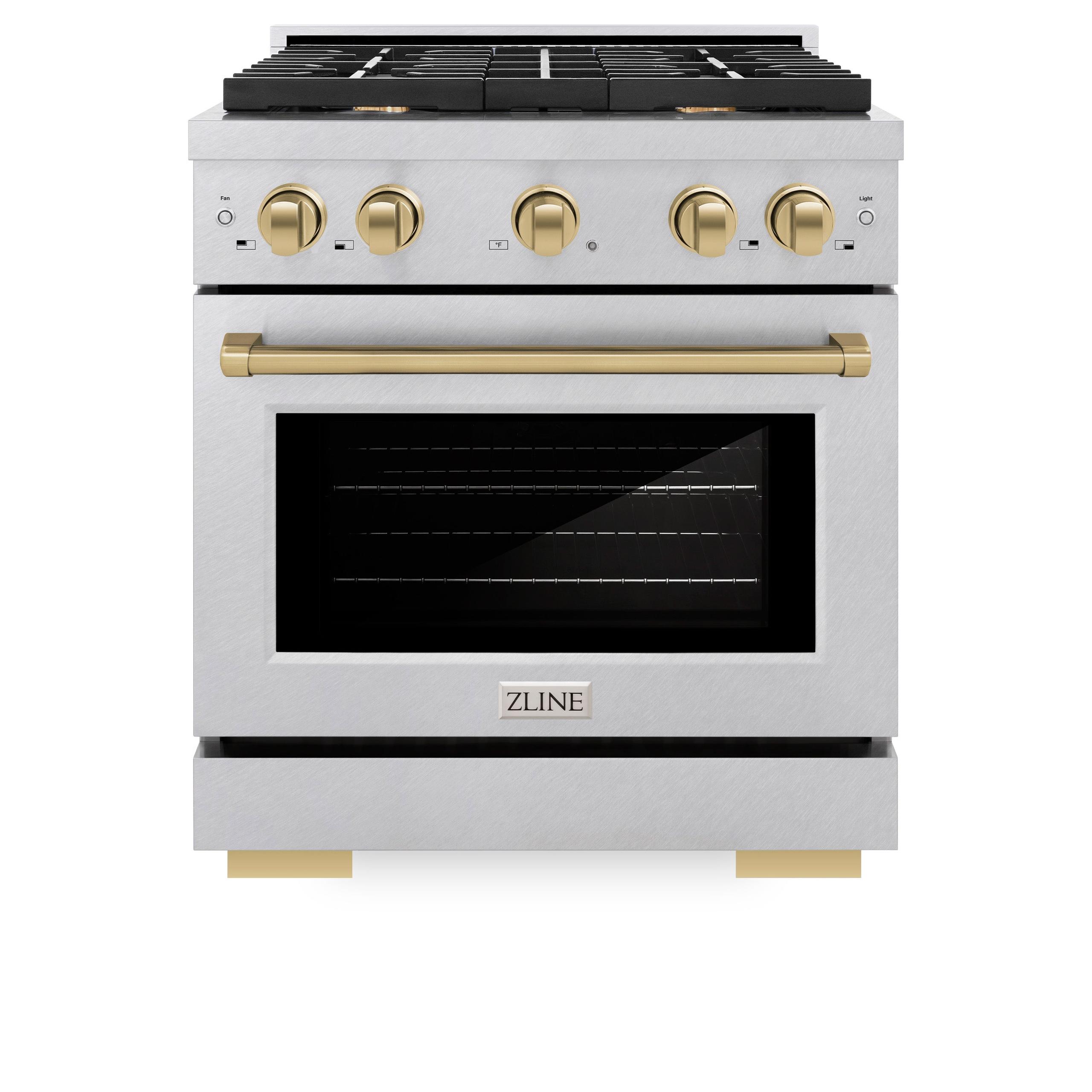 ZLINE Autograph Edition 30 in. 4.2 cu. ft. 4 Burner Gas Range with Convection Gas Oven in DuraSnow' Stainless Steel and Champagne Bronze Accents (SGRSZ-30-CB)