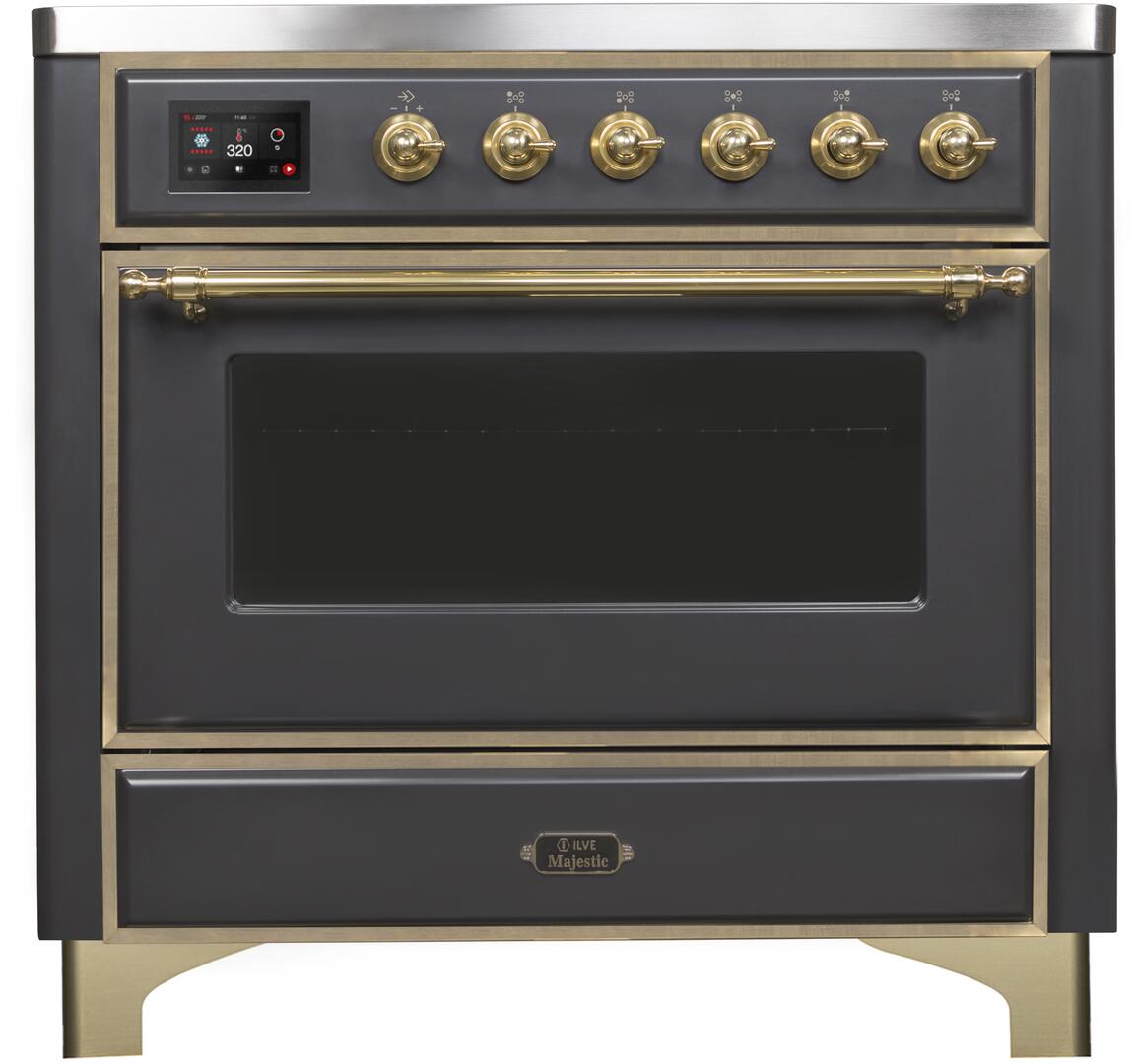 Majestic II 36 Inch Electric Freestanding Range in Matte Graphite with Brass Trim