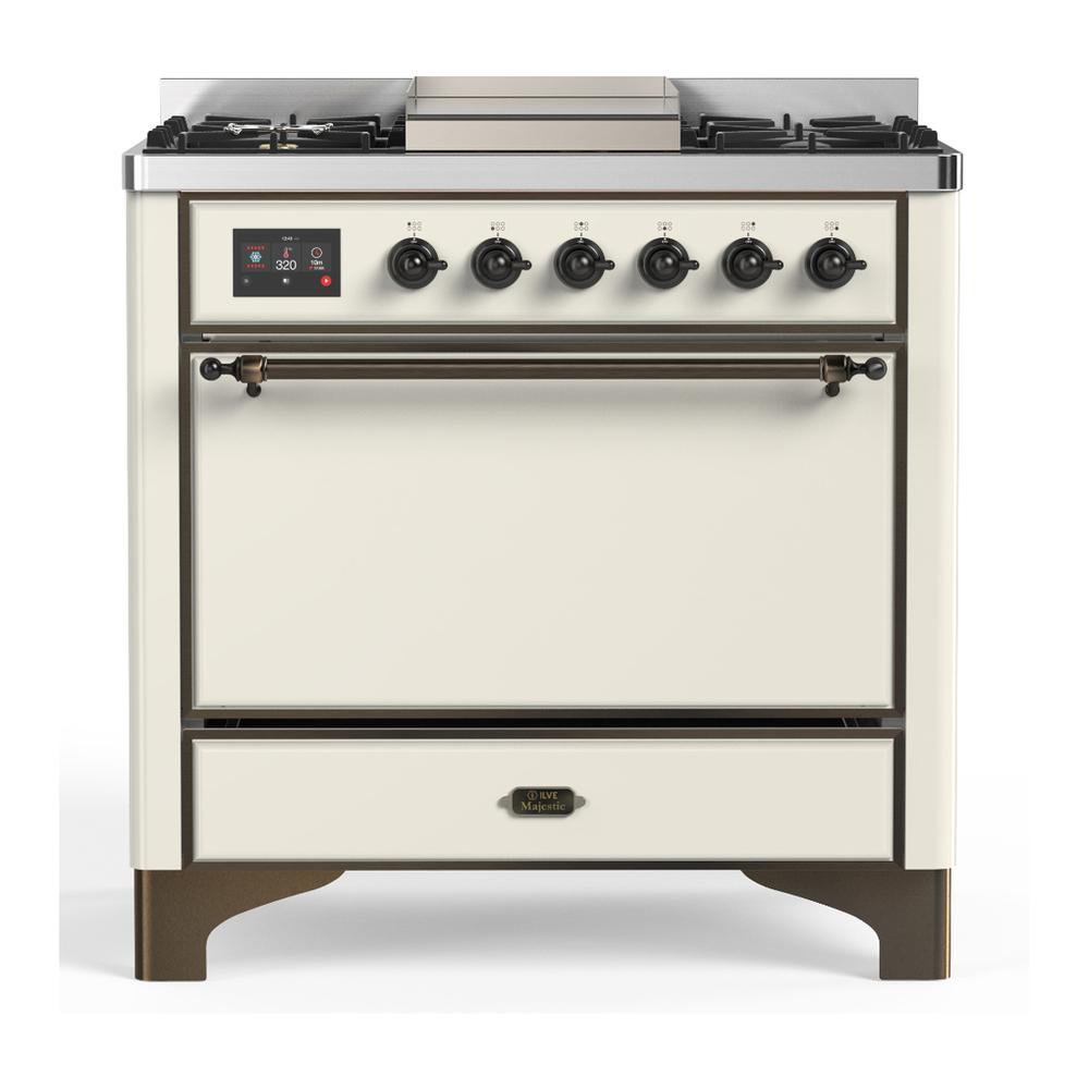 ILVE UM36FQNR3AWB Majestic III 36 inch Dual Fuel Range with 6 Black Brass Burners and Griddle, Dual Function Burner up to 25,000 BTU (Solid Door, Antique White, Burnished, Natural Gas)