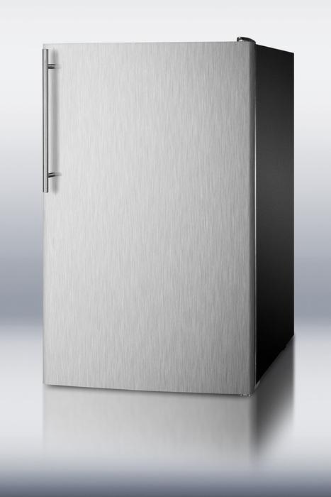 Commercially Listed ADA Compliant 20" Wide Freestanding Refrigerator-freezer With A Stainless Steel Door, Thin Handle and Black Cabinet
