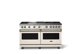 60"W. Sealed Burner Gas Range (Finish: Pure White, Trim: Brushed Brass, Fuel: Natural Gas)