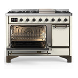 ILVE UM48FQNR3AWB Majestic III 48 inch Dual Fuel Range with 8 Burners and Griddle, Dual Function Burner up to 25,000 BTU (Natural Gas, Solid Door, Antique White, Burnished)