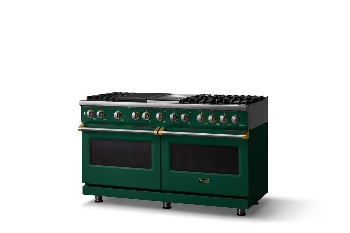 60"W.Dual Fuel Range (Finish: Ivy, Trim: Brushed Brass, Fuel: Natural Gas)