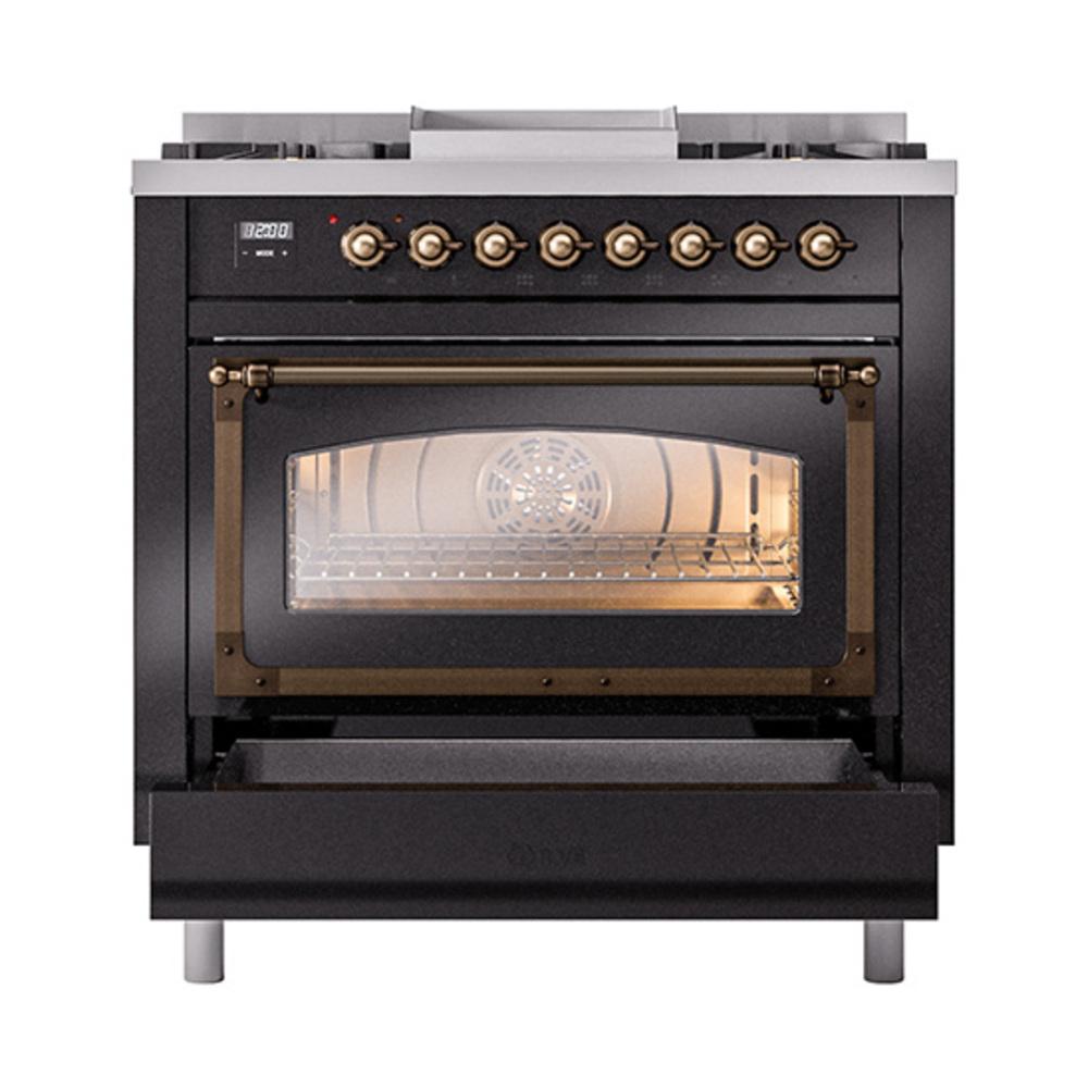 ILVE UN36FNMPBKBLP Nostalgie II Noblesse 36 inch Dual Fuel Range (Liquid Propane, Triple Glass Door, Glossy Black, Burnished)