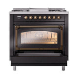 ILVE UN36FNMPBKBLP Nostalgie II Noblesse 36 inch Dual Fuel Range (Liquid Propane, Triple Glass Door, Glossy Black, Burnished)