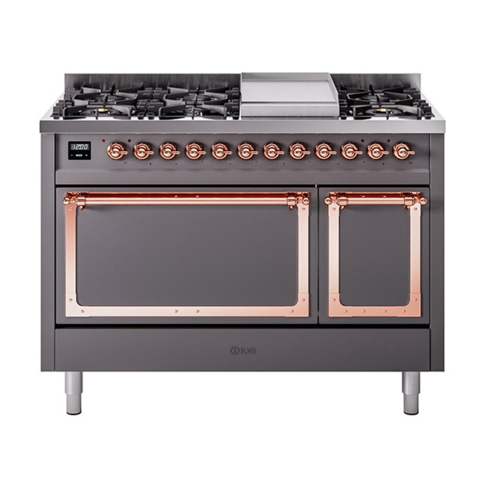 ILVE UN48FQNMPMGP Nostalgie II Noblesse 48 inch Dual Fuel Range (8 Sealed Burners + Griddle, Natural Gas, Solid Door, Graphite Matte, Copper)