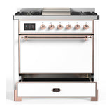 ILVE UM36FQNR3WHP Majestic III 36 inch Dual Fuel Range with 6 Black Brass Burners and Griddle, Dual Function Burner up to 25,000 BTU (Solid Door, White, Copper, Natural Gas)