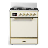 ILVE UM30QNR3AWG Majestic III 30 inch Dual Fuel Range with 5 Black Brass Burners, Dual Function Burner up to 25,000 BTU (Natural Gas, Solid Door, Antique White, Brass)