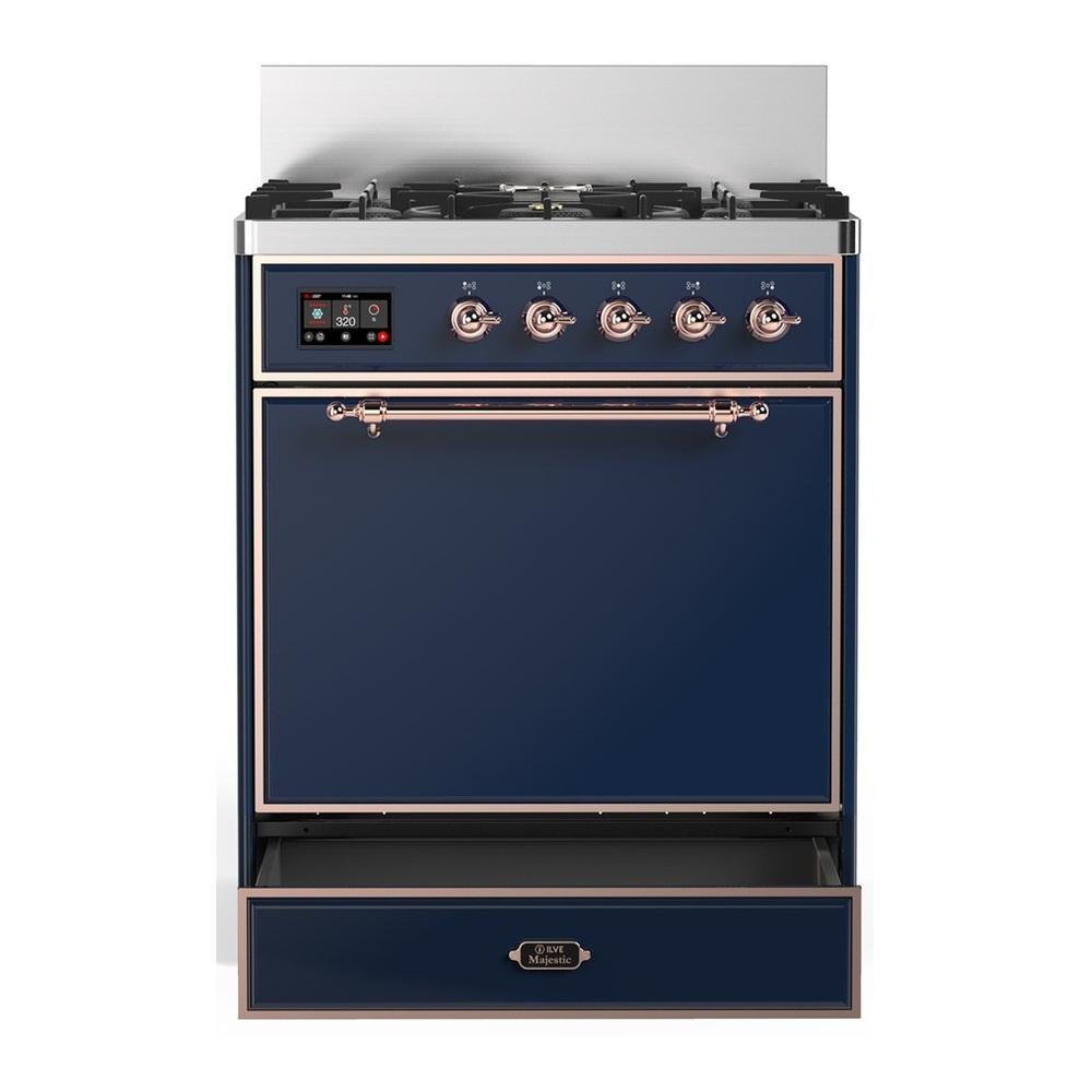 ILVE UM30QNR3MBPLP Majestic III 30 inch Dual Fuel Range with 5 Black Brass Burners, Dual Function Burner up to 25,000 BTU (Liquid Propane, Solid Door, Midnight Blue, Copper)
