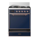 ILVE UM30QNR3MBPLP Majestic III 30 inch Dual Fuel Range with 5 Black Brass Burners, Dual Function Burner up to 25,000 BTU (Liquid Propane, Solid Door, Midnight Blue, Copper)